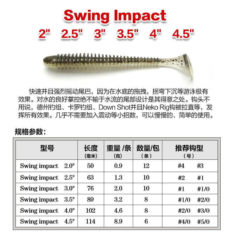 日本进口K牌KEITECH Swing Impact 2.5寸螺纹T尾鱼软饵虫鲈鱼鳜鱼 - 图0