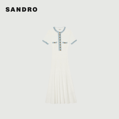 SANDRO夏季女装法式简约气质白色撞色毛边牛仔镂空长款针织连衣裙 - 图3