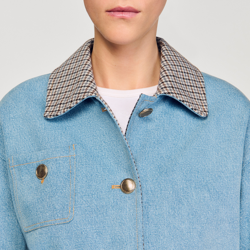 SANDRO2025秋冬新款女装休闲法式蓝色格纹翻领单排扣牛仔短外套,淘宝优惠券,粉丝福利购,淘宝优惠卷