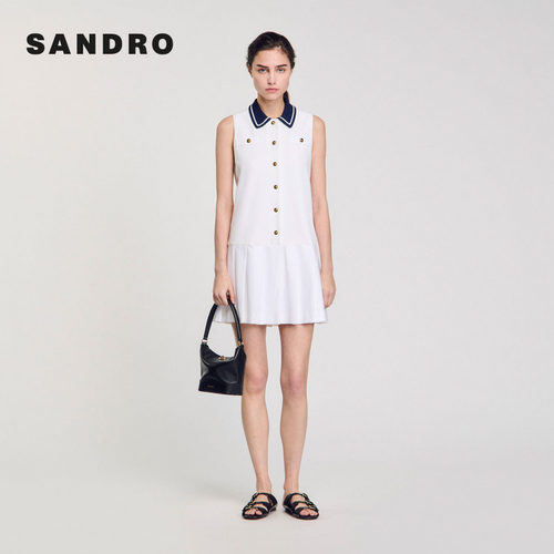 五一出游穿搭SANDRO2025夏季女装法式甜美竖排扣无袖百褶连衣裙 - 图1