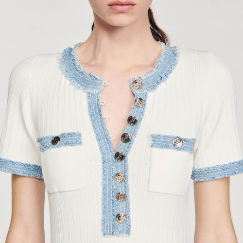 SANDRO夏季女装法式简约气质白色撞色毛边牛仔镂空长款针织连衣裙 - 图2