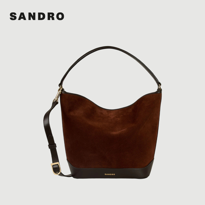 季末6折SANDRO2025秋冬新款女士绒面皮革拼接金属扣单肩背提包,淘宝优惠券,粉丝福利购,淘宝优惠卷