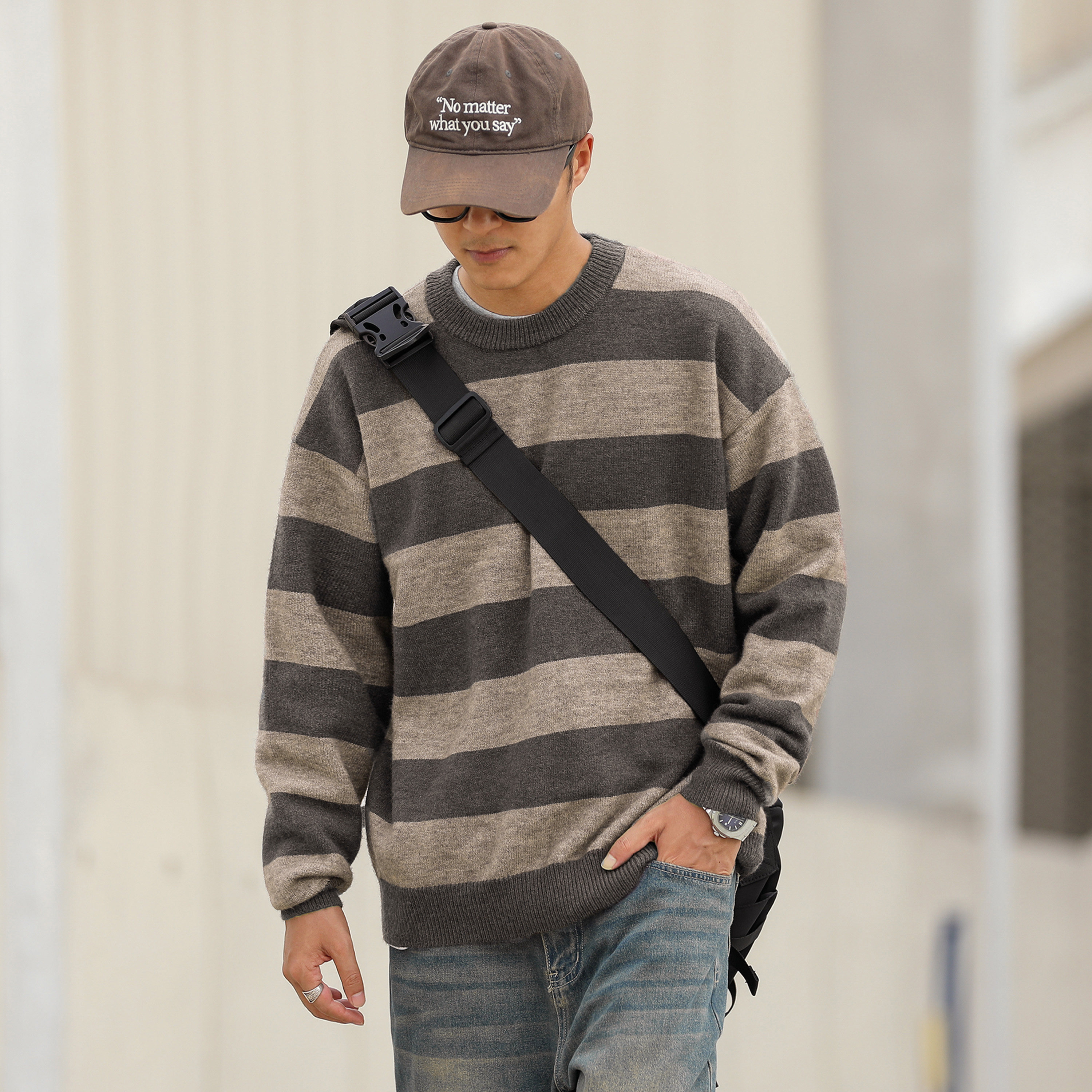 嘿马七作日系复古冬季男士宽松休闲条纹针织毛衣潮牌舒适内搭毛衫,淘宝优惠券,粉丝福利购,淘宝优惠卷