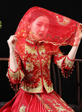 中式秀禾汉服古风半透明蕾丝头纱