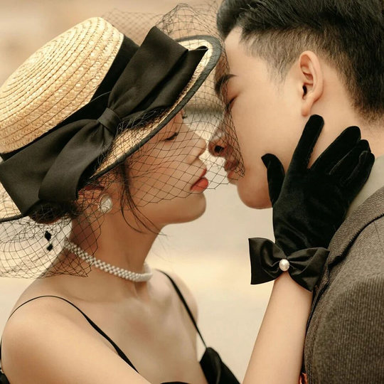 黑色晚礼服手套新娘蝴蝶结婚纱网红旅拍照道具写真法式复古赫本风