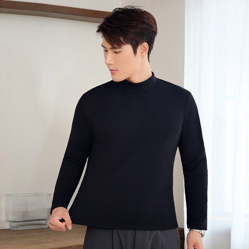 Xcf秋冬加绒加厚同色半高领打底衫女修身显瘦内搭上衣外穿男款