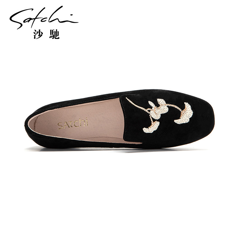 沙驰女鞋国风刺绣丝绒羊皮单鞋2025秋冬新款平底百搭一脚蹬通勤鞋,淘宝优惠券,粉丝福利购,淘宝优惠卷