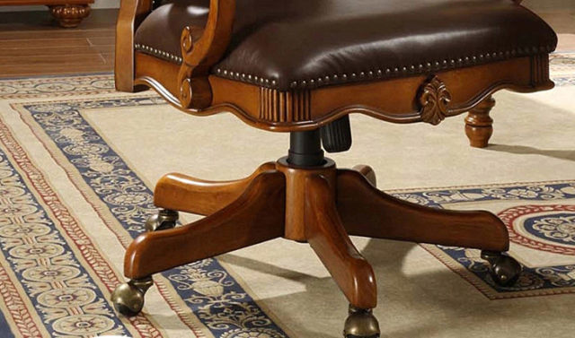 Office chair solid wood genuine leather hibiscus flower