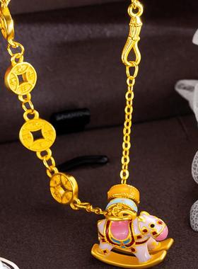 2024新款镀24K黄金烧蓝彩虹小木马吊坠  摇摇木马彩色小跑环项链