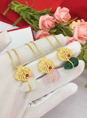 女士古法金天然碧玉葫芦吊坠
