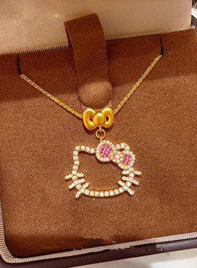 越南沙金项链  镀24K黄金女生满钻镂空点钻KT猫锁骨链 仿真金首饰