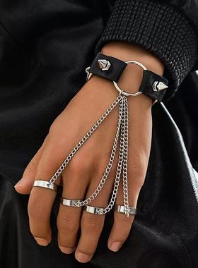 欧美时尚个性连指古巴手链男潮皮革铆钉手串嘻哈小众夸张男士手饰