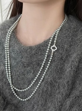 多种戴法加长款麻灰色玻璃珍珠微镶幸运草扣项链时尚珍珠毛衣链