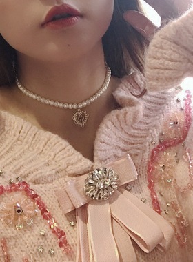 复古少女宫廷ins镂空爱心十字架吊坠珍珠项链chocker锁骨链颈链女