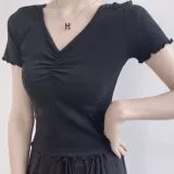 Спортивная одежда, хлопковая приталенная футболка с коротким рукавом для тренировок, V-образный вырез