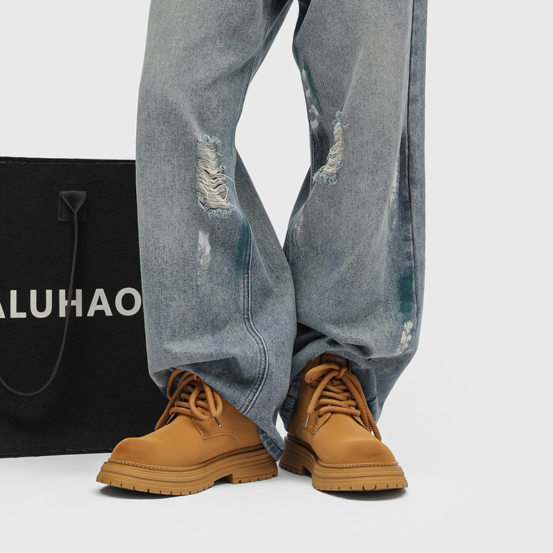 马丁靴男款秋冬季加绒英伦中帮户外复古厚底增高工装登山大黄靴男,淘宝优惠券,粉丝福利购,淘宝优惠卷