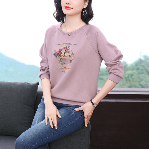 妈妈圆领卫衣女春秋装2026新款中老年宽松百搭大码洋气长袖上衣服 - 图1