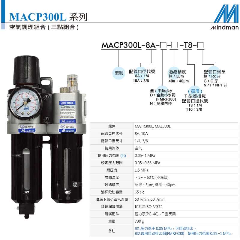 Mindman台湾金器MACP300L-10A MAFR300调压阀/过滤器/油水分离器 - 图1