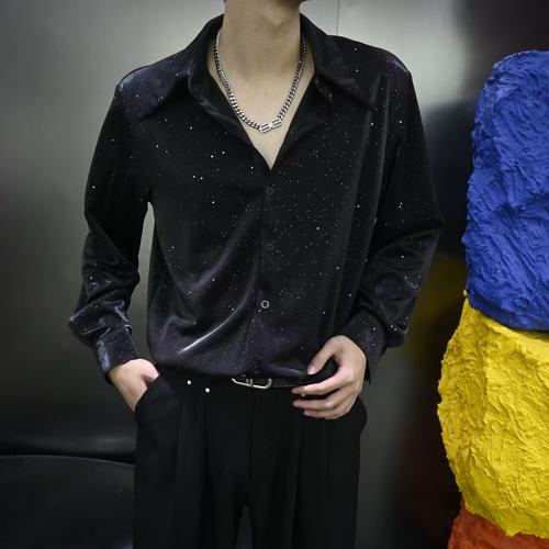 痞帅潮流ins黑色长袖衬衫男禁欲系满天星烫金设计感宽松夜店上衣 - 图3