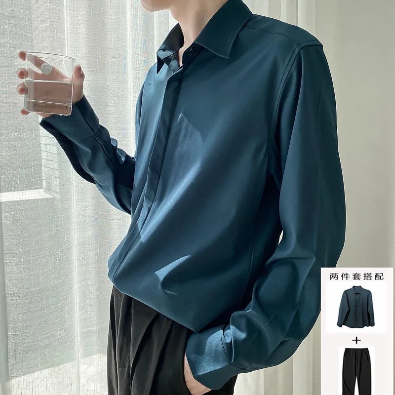 港风垂感冰丝衬衫男长袖宽松白色高级感春季薄款ins痞帅休闲衬衣_虎窝淘