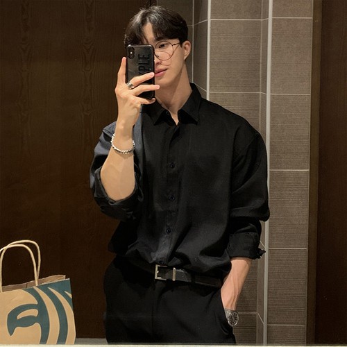 黑色衬衫男士长袖高级感痞帅潮春秋轻熟风休闲上衣dk垂感内搭衬衣 - 图0