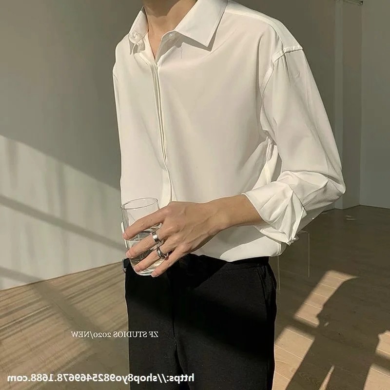 港风垂感冰丝衬衫男长袖宽松白色高级感春季薄款ins痞帅休闲衬衣_虎窝淘