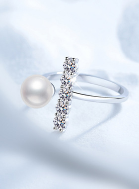 S925银镀18K金PT950铂金镶满钻莫桑石天然淡水珍珠T字小香风戒指