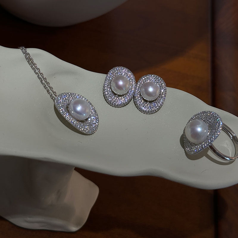 《似水明眸》925纯银天然淡水珍珠满钻镶嵌高级耳钉戒指项链套装,淘宝优惠券,粉丝福利购,淘宝优惠卷