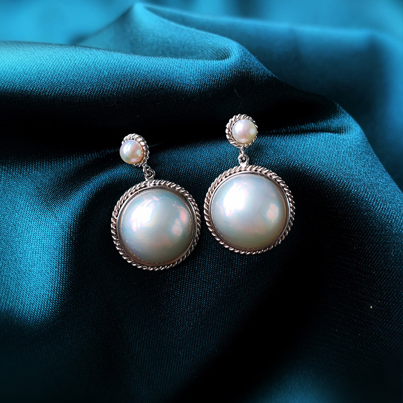 《月上明星》原创设计纯银白色海水马贝珍珠耳钉耳坠法式复古耳饰,淘宝优惠券,粉丝福利购,淘宝优惠卷