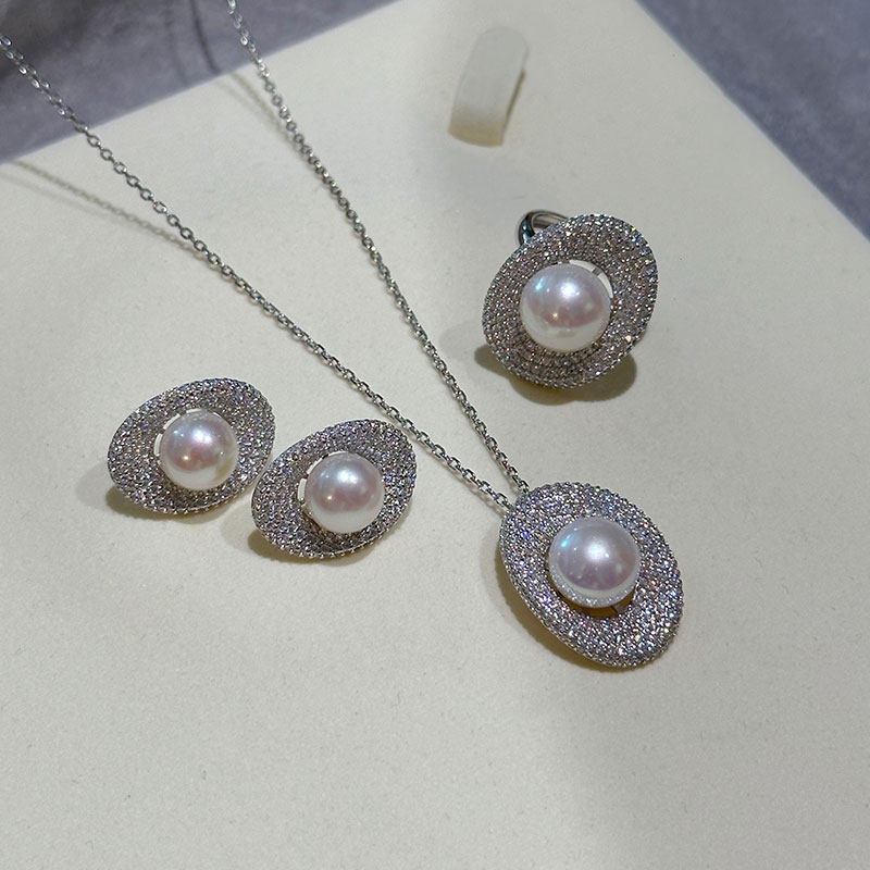 《似水明眸》925纯银天然淡水珍珠满钻镶嵌高级耳钉戒指项链套装,淘宝优惠券,粉丝福利购,淘宝优惠卷