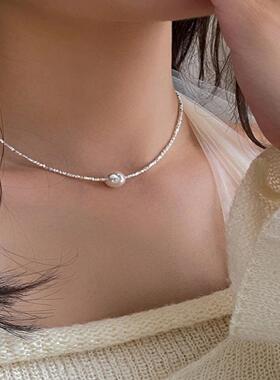 S925纯银碎银子项链珍珠2024新款锁骨链碎银几两轻奢小众颈链