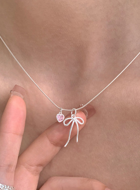 925纯银轻奢精致蝴蝶结爱心粉钻项链女锁骨链ins简约小众蛇骨链夏