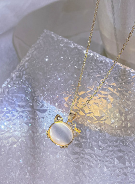 网红蝴蝶结猫咪猫眼石项链轻奢小众时尚新款设计气质钛钢项链