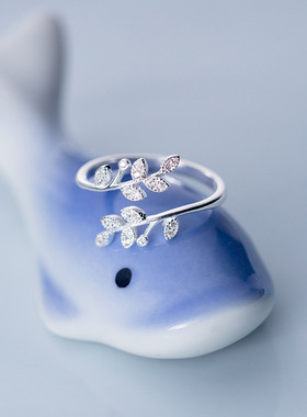 S925银戒指 韩版小清新百搭气质镶钻树叶开口指环文艺橄榄枝戒子