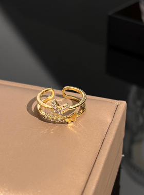 时尚高级感双层蝴蝶闪钻戒指网红潮人气质食指戒ins女款指环饰品