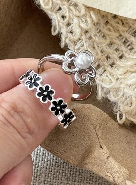 黑色做旧开口可调节花朵戒指女款复古甜美个性食指戒小众设计指环