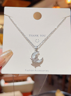 精致蝴蝶月亮项链女百搭高级感吊坠轻奢小众锁骨链时尚钛钢配饰品