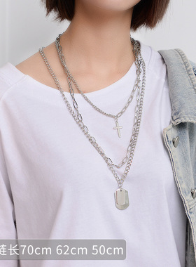 欧美复古个性街头嘻哈蹦迪多层十字架项链吊牌项链毛衣链饰品