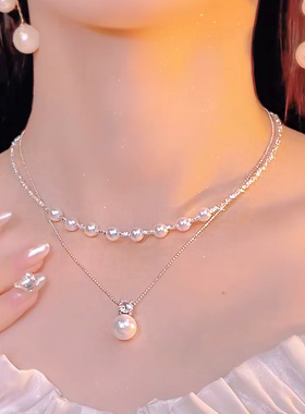 纯银碎银子母贝珍珠项链锁骨链女