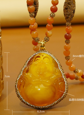 国潮黄玛瑙佛公吊坠项链女时尚个性大气高级感秋冬新款毛衣链配饰