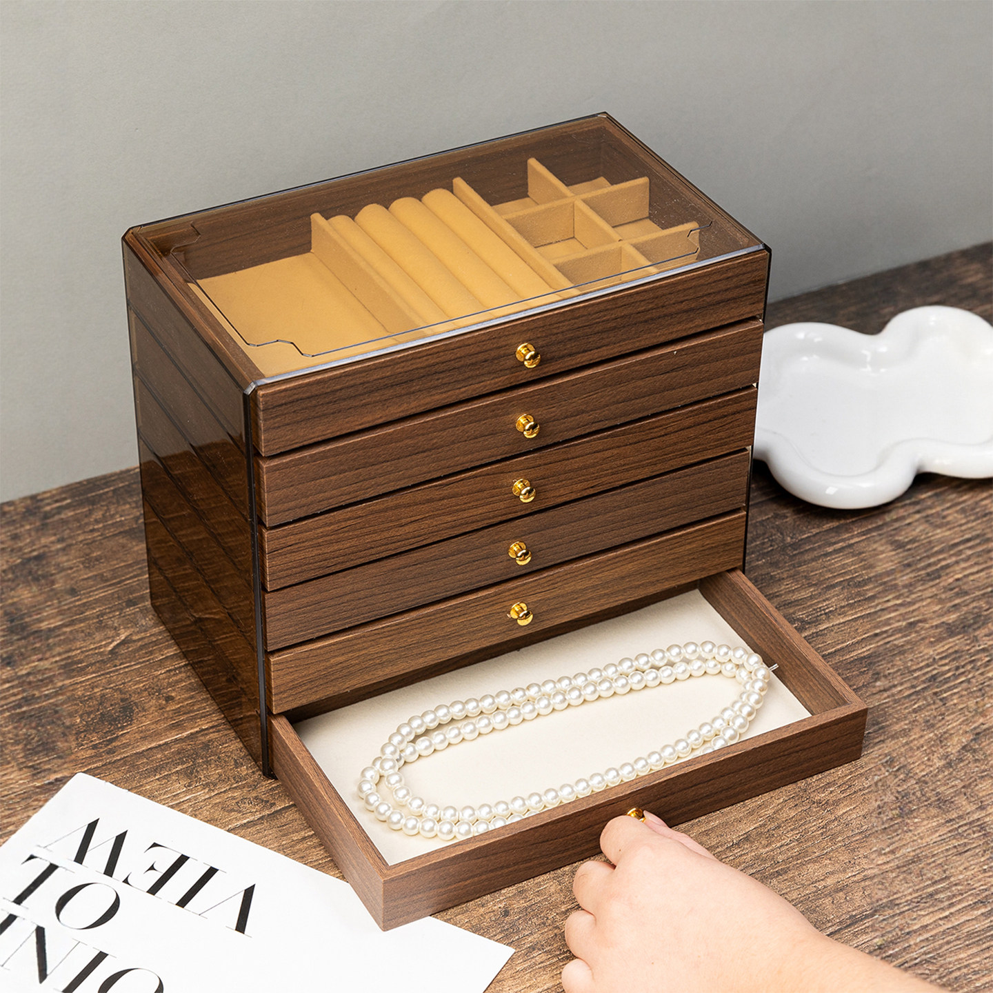 复古风胡桃木首饰盒高颜值饰品收纳盒多层分格桌面耳钉耳环珠宝盒,淘宝优惠券,粉丝福利购,淘宝优惠卷