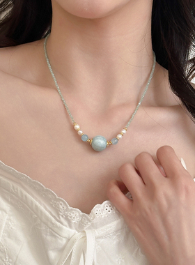 ins风蓝色天然石淡水珍珠项链