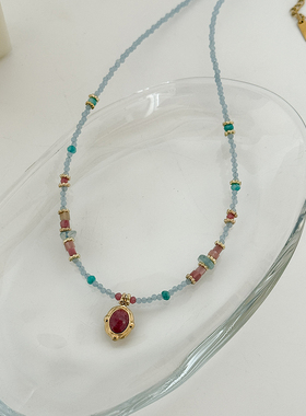 紫色吊坠天然石串珠蓝色水晶项链