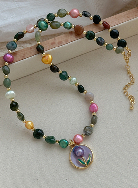 彩色油画淡水珍珠天然石串珠项链