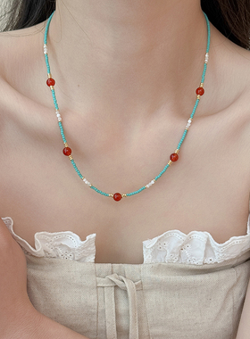 百搭复古绿松石串珠红玛瑙项链