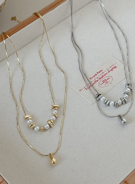 气质珍珠碎银子双层叠戴银色项链