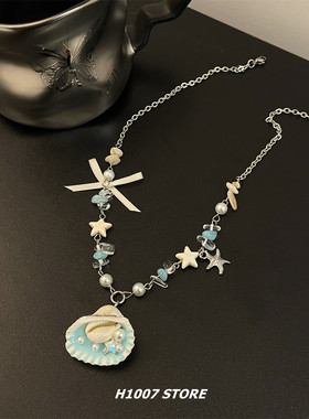 海边限定蓝色蝴蝶结贝壳串珠项链