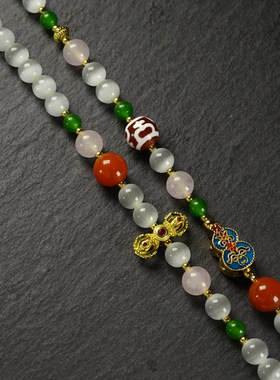 圣饰奇缘天然西藏宝瓶天珠猫眼石降魔杵葫芦扎基拉姆三通项链35cm