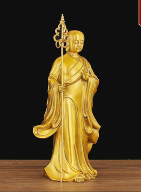 彩绘铜地藏王菩萨像摆件站像九华山地藏王铜佛像家居装饰工艺品