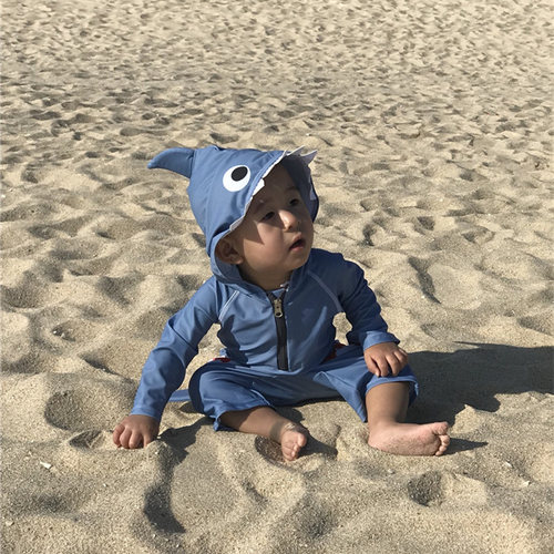 韩版儿童连体泳衣男童防晒可爱鲨鱼游泳衣宝宝小孩温泉泳装连帽 - 图1